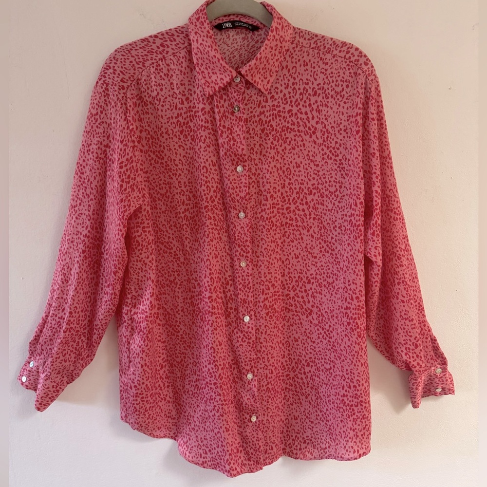 ZARA button down, long sleeve, pink and red cheetah blouse size small